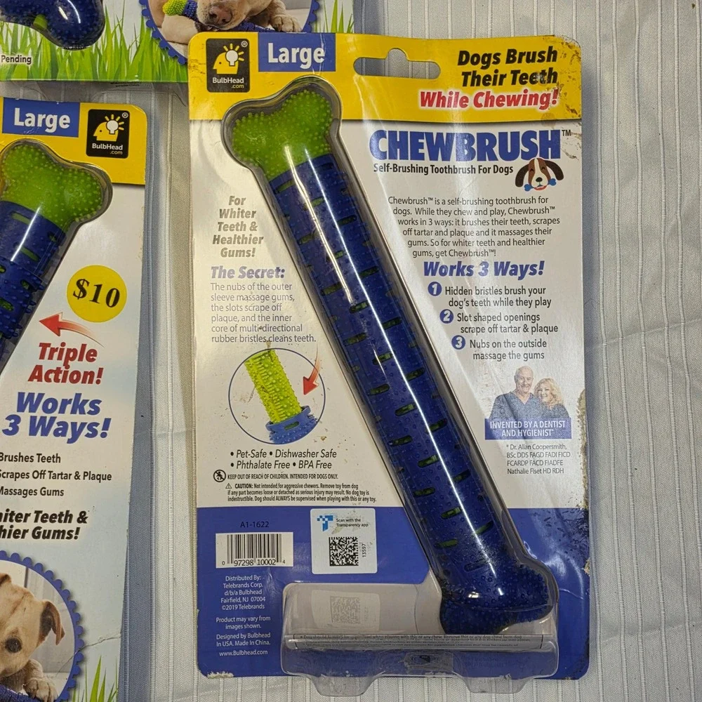 3 pack, Chewbrush Large Self-Brushing Dog Toothbrush Blue Green Triple Action